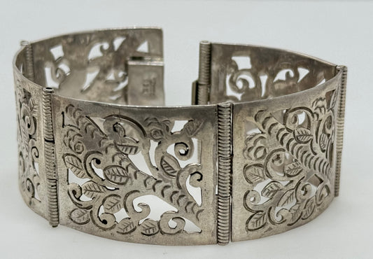 Mexican Silver Bangle w/ Pierced Out Design Panels