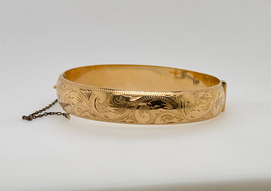 Floral Half Engraved 9ct Yellow Gold Bangle